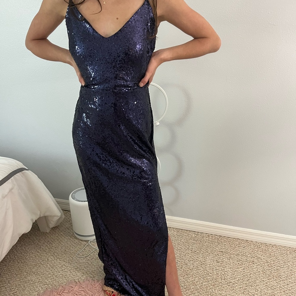 Navy blue Sequin Spaghetti Strap Prom Dress